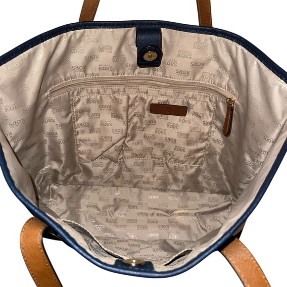 EUC MICHAEL Michael Kors Navy and White Striped Tote with Brown Handles - Picture 4 of 4